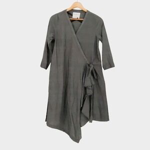 Asymmetric Midi Wrap Dress Lagenlook Womens Size XS Gray Minimalist Cotton